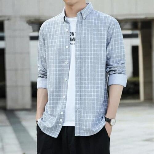 2021 New mens shirt Light business shirt Mens casual wear plaid long sleeve shirt fashion simple loose long sleeve shirt
