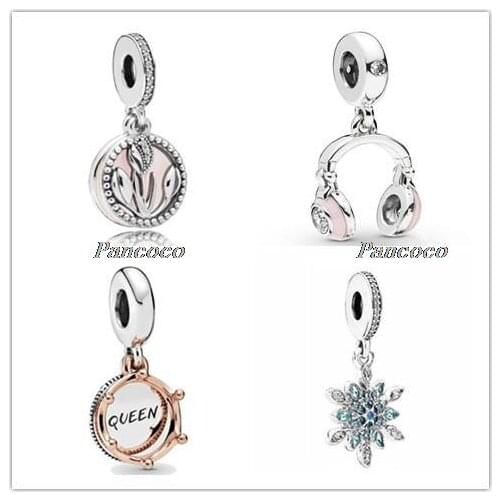 Authentic 925 Sterling Silver Pink Headphones Charm With Crystal Pendant Beads Fit Pandora Bracelet & Necklace Diy Jewelry