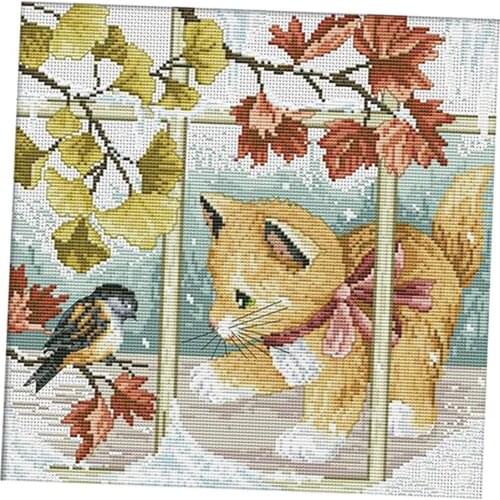 Stamped Cross Stitch Kit Advanced Pattern for Beginners Kids - Kitten & Bird