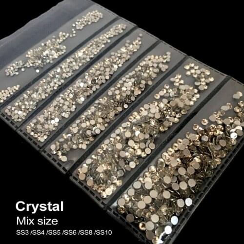 Super glitter rhinestones Crystal ss3/SS4/SS5/SS6/SS8/SS10 Mix size Non HotFix FlatBack Glass Nail Art Rhinestones