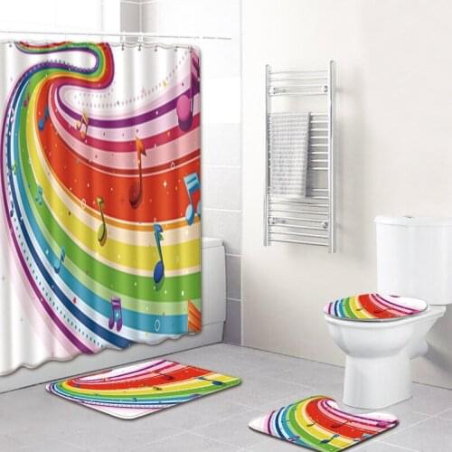 Music Symbol Printing Water-absorbing Cushion Cover Shower Curtain Set Bath Mat Carpet Four-piece Waterproof Shower Curtain