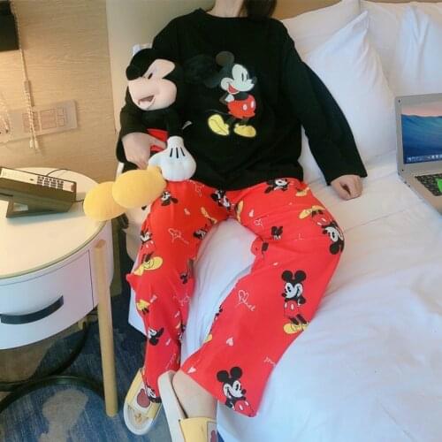 Disney Pajamas Womens Autumn Winter Long-Sleeved Mickey Mouse Sleepwear Girl Cute Cartoon Sleep Tops Casual Home Clothes Suit