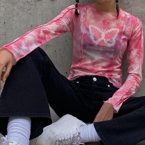 Turtleneck Mesh Blouse Women Renaissance Print Long Sleeve See Through clothes Ladies Sheer Designer Top Clothing Pink butterfly