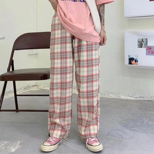 Harajuku Pink Plaid Vintage Pants Women Y2K Casual Pockets High Waisted Pants Korean Spring Wide Leg Trousers Female Oversize