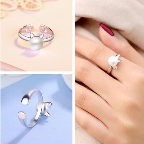 Cute Pearl Cat Ears Ring Open Adjustable Pet Animal Paw Rings For Women Fashion Finger Wrap aritos mujer Jewelry Kinitial