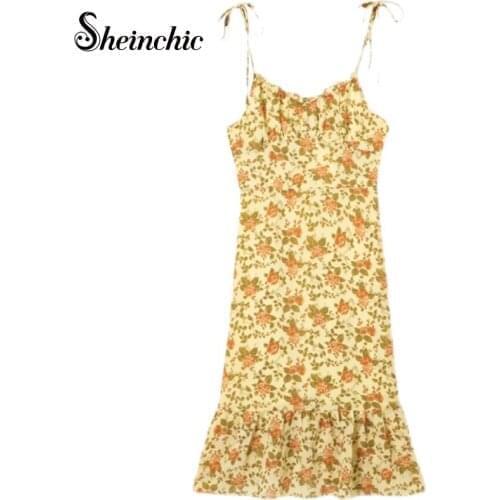 Sexy Yellow Floral Printed Spaghetti Strap Dresses for Women 2021 Elegant Ruffles Bohemian Beach Summer Dress