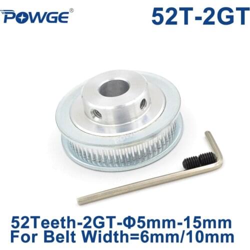 POWGE GT 52 Teeth 2GT Timing Pulley Bore 5/6/6.35/7/8/10/12/14/15mm for GT2 Open Synchronous belt width 6/10mm wheel 52Teeth 52T