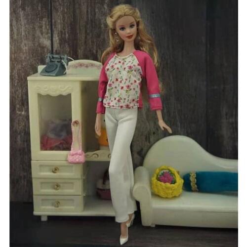 1/6 BJD Clothes Pink White Floral Long Sleeve Shirt Top White Pants Trousers for Barbie Doll Clothes Outfit 30cm Dolls Accessory