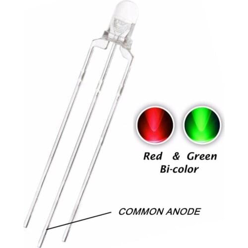 100pcs F3 3MM Bicolor LED COMMON ANODE water clear RED + GREEN / RED + BLUE / BLUE + GREEN DIP-3 lamps 20mA round