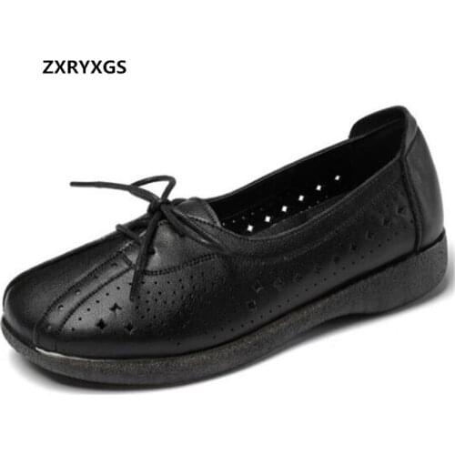 2021 New Spring Comfort Breathable Genuine Leather Women Flats Hole Shoes Casual Sneakers Soft Sole Non-slip Elegant Women Shoes