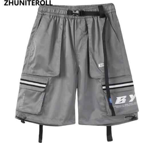 Cargo Men Shorts Reflective Ribbon Kanji Elastic Shorts Hip Hop Harajuku Jogger Shorts Summer Teachwear Track Short Sweatpant