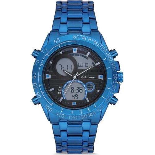 Goldpower Blue Watchband Digital Black Dial Metal Blue Case Men 'S Wristwatch Clock