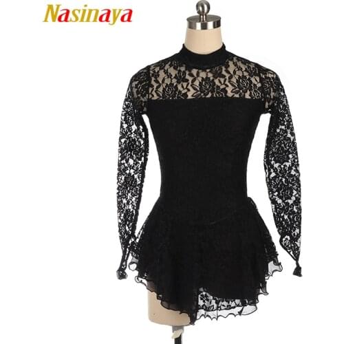 Figure Skating Costume Dress Ice Skating Skirt for Girl Women Kids Black lace Long sleeve Customized Competition Gymnastics