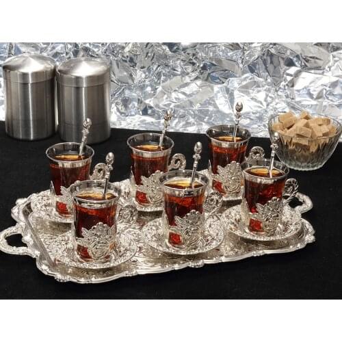 Six Person Tiryaki Tea Square Tray Set Gold And Silver Color Option 2 Different Color Option 235