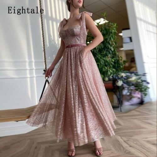 Eightale Gliiter Prom Dresses 2021 Sweetheart Adjustable Straps A-Line Rose Gold Arabic Evening Gown Wedding Party Dress