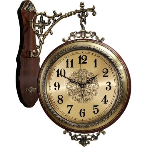 Hot Luxury American Style Solid Wood Metal Double Sided Wall Clock Large Fashion Creative European Style Home Decor Mute Clocks