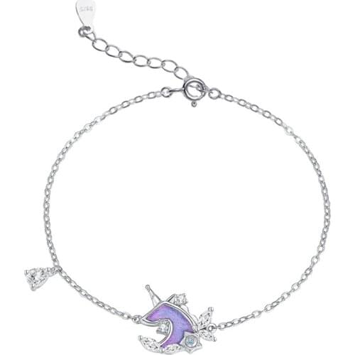 925 Sterling Silver Handmade Crystal Unicorn Charm Bracelet &Bangle For Women Wedding Jewelry SL157