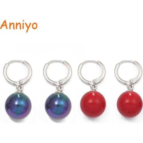 Anniyo Black/Red Shell Pearl Stud Earrings for Women Girls Wholesale Trendy Round Ball Silver Color Earring Guam Hawaii #064904