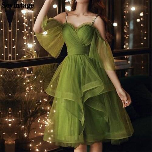Sevintage A Line knee Lenght Evening Dresses Off The Shoulder Pleats Tulle Bead Straps Short Prom Dress 2021 Wedding Party Gowns