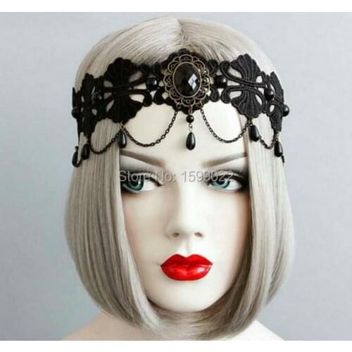 Chic Baroque Tassel Hair Accessories Elastic Head Band Women Halloween Ancient Queen Headdress Gothic Balck Lace Teens Headpiece