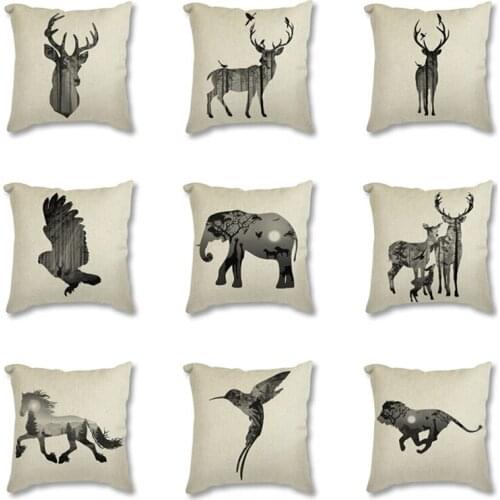 Nordic Linen Cotton Cushion Cover Pillowcase Black Animal Silhouette Deer Art Printed Seat Decorative Cushion Cover for Sofa