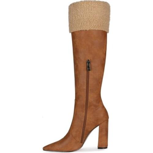 Patchwork Brown Boots Pointed Toe Side Zip Chunky Heel Women Thigh High Boots Winter Plush Big Size 45