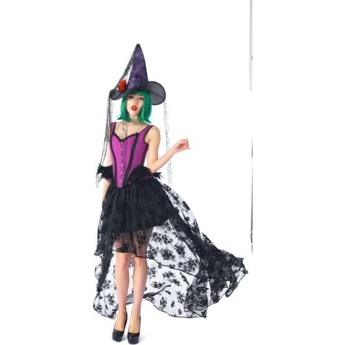 Vintage Corset Dress Halloween Performance Cosplay Purple Overbust Corsst and High Low Black Skirt