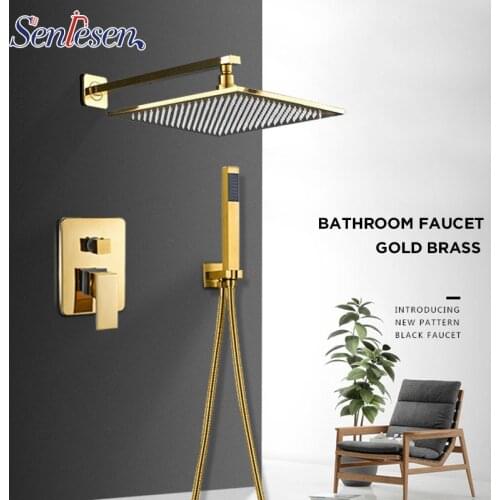 Factory Retail Bathroom Shower Mixer Faucet W/ABS Hand Shower Gold Finish Wall Mounted Gold Brass 2- Function Valve Taps