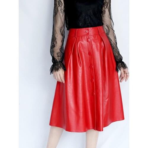 Genuine Leather Skirt Women Real Natural Sheepskin Ladies Office Designs High Waist Long Maxi Skirts Female Red Black Plus Size