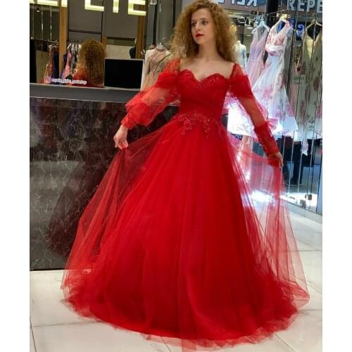 Elegant Long V-Neck Muslim Red Prom Dresses Lace Open Back Pleated Tulle Robe De Soiree Floor Length Formal Party Gown