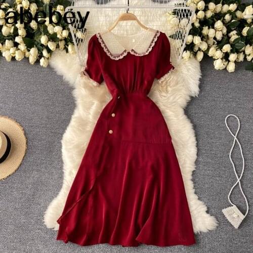 Women Korean Solid Dress Puff Sleeve Peter pan Collar Splice A line Dresses Summer Casual Streetwear Midi Dress