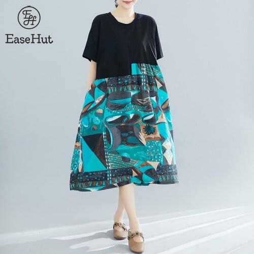 2021 New Women Vintage Loose Dress Contrast Color Abstract Printed High Waist Pockets Boho Holiday Midi Dress Women Summer