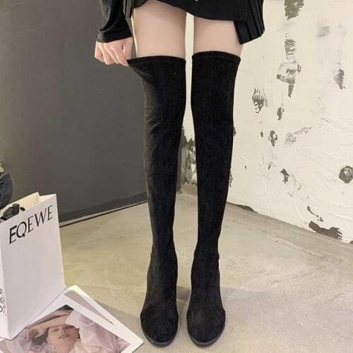 Winter Black Thigh High Boots, Womens Fashion Sexy Stretch Boots, Womens Faux Suede Square Toe Thick Heel Over-the-knee Boots