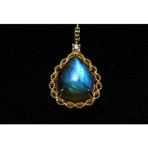 100% real 925 pure silver necklace woman natural labrador pendant water drop lace engraved new woman pendant