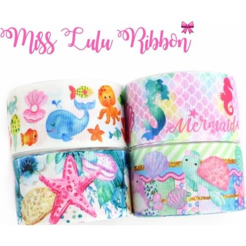 16mm-75mm Coloful Scale Mermaid Girl Starfish Shell Whale Printed Grosgrain/Foe Ribbon Cupcake DIY Hair Bowknots 50yards/roll