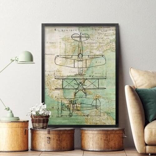 Abstract Retro Map Decoration Painting Plane Boat Model Rope Shape Canvas Sofa Background Wall Picture Printing Poster Bedroom