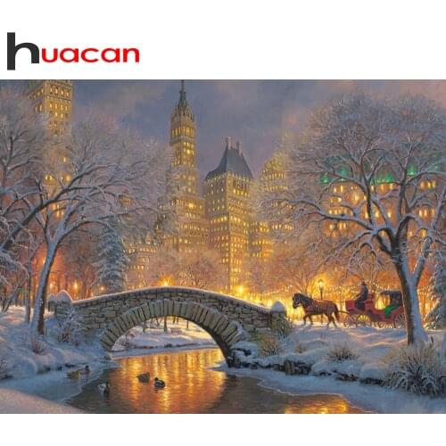 Huacan 5D Diamond Painting New Square Rhinestones City Bridge Diamond Mosaic Embroidery Winter Landscape Decoration For Home