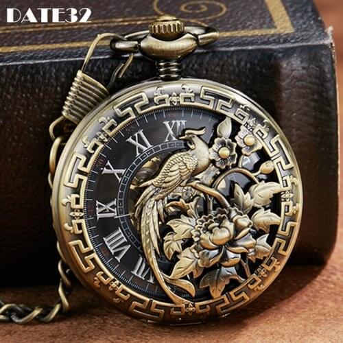 Roman Numeral Bird Mechanical Pocket Watch Antique Steampunk Skeleton Dial Bronze Fob Chain Clock for Men Women Dropshipping