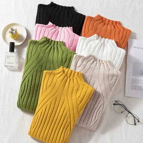 Black Long Sleeve Tops Mock Neck Striped White Sweater Ribbed Pullovers Solid Casual Basic Jumper Female Knitted Blouse Women