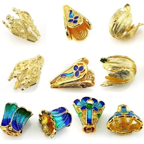 2pcs Mixed Styles Copper Enamel Cloisonne Namaste Lotus Flower Spacer Bead Tassel End for Charms Jewelry