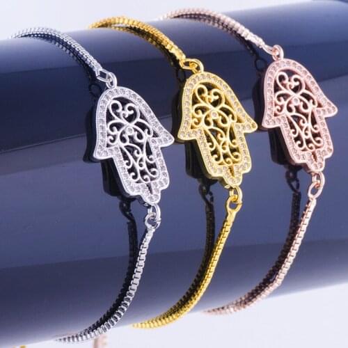 Hot Selling Jewelry Vintage Zircon Hamsa Bracelets & Bangles Wholesale Copper Micro Pave Square Chain Friendship Bracelets Gifts