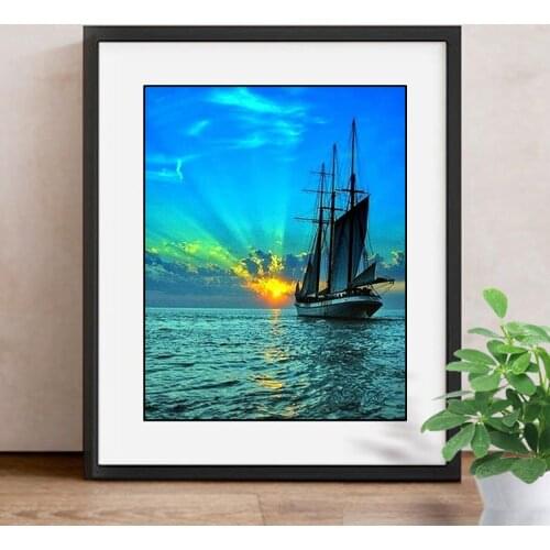 Landscape Diamond Embroidery Sunrise 5D DIY Diamond Painting Sea Ship Full Square/Round Drill Decoration Home