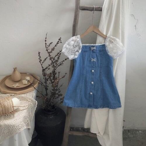 Puff Sleeve Girls Lace Dresses Summer Floral Kids Denim Clothes Princess Outfits Vestidos