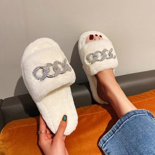 Fashion Womens Slippers Autumn Winter Casual Shoes Breathable Comfortable Rhinestone Outdoor Bedroom Pure Color Plush Slippers