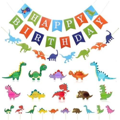 Boy Bithday Party Supplies Set Kid Birthday Party Decorations Dinosaur Theme Banner Cake Topper Honeycomb Ball