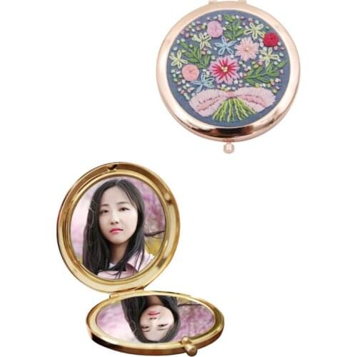 TY49 DIY Embroidery Kit Compact Pocket Floral Makeup Mirror Double-side Folding Women Vintage Cosmetic Mirrors Handmade U2JD