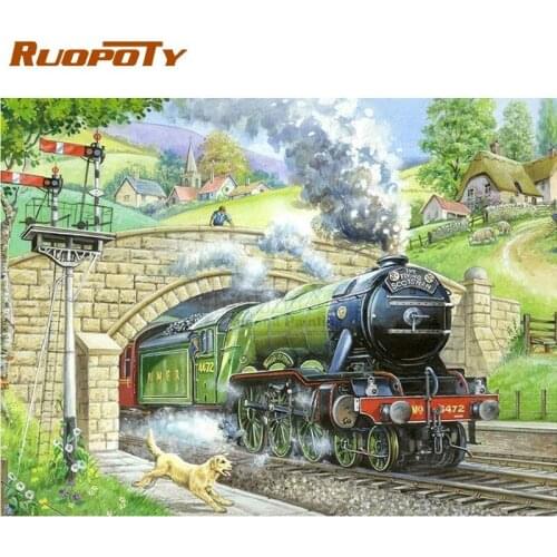 RUOPOTY Train On Ocean Landscape Painting By Numbers For Adults Paints Kits Unique Gift Pigment On Canvas For Home Decors