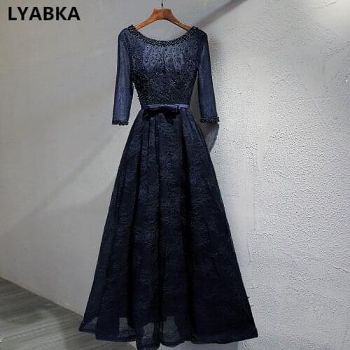 Scoop Neck Evening Dress A-line Robe De Soiree Evening Dresses Long Sleeve Navy Blue Tulle With Appliques Evening Dresses 2019