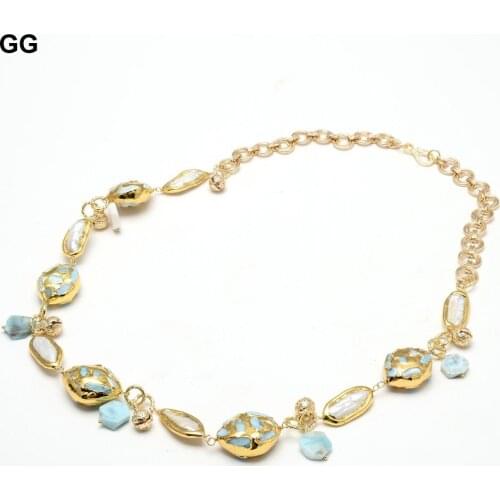 GuaiGuai Jewelry Natural Cultured White Biwa Pearl Blue Larimars Pave Gold Color Plated Chain Long Necklace 30" Handmade