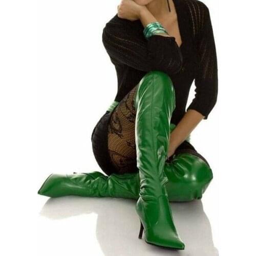 Green Leather Thigh High Boots Stiletto High Heel Zipper Sexy Pointed Toe Over The Knee Winter Boots Women Solid Manufacturer